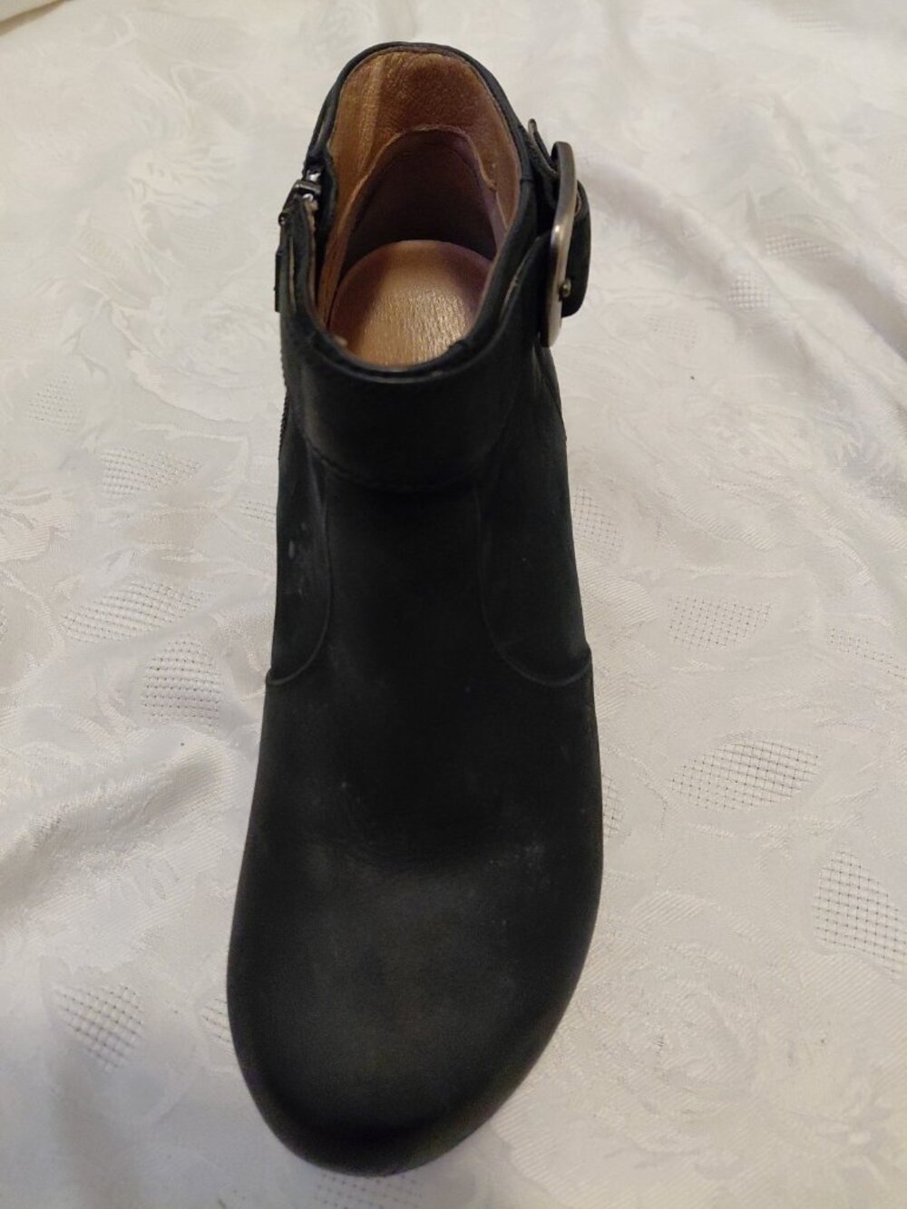 Dansko Ankle Bootie Nubuck Leather Autumn Black Size 38 Faux Wood Block Heel - Picture 5 of 11
